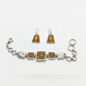 Vintage 950 Silver Bracelet & 925 Earrings hand carved artisan, birds floral